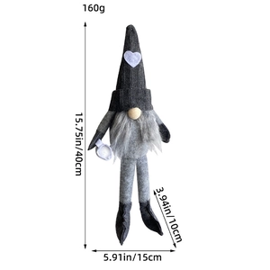 Detailed size chart of a gray knitted Christmas gnome with heart pattern and long legs