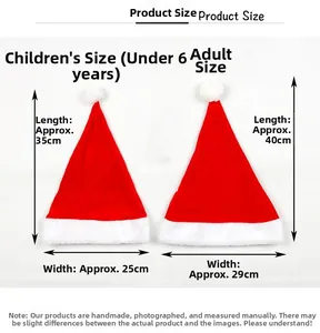 Detailed size chart for plush Christmas hats showing measurements for kids and adults