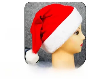 Detail of plush Christmas hat showing thick white faux fur trim and velvet fabric