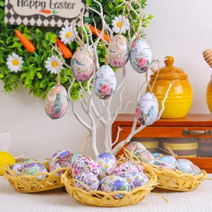 Œufs de Pâques Ornements Suspendus Mousse Papier Vintage Floral Lapin Papillon Motif Avec Panier Tissé DIY Décoration Maison Fête