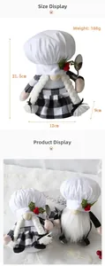 Detailed view of chef gnome plush with dimensions and festive kitchen scene display