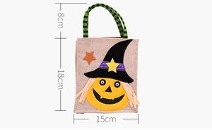 Detailed size specifications of Halloween burlap gift bag featuring pumpkin patchwork design