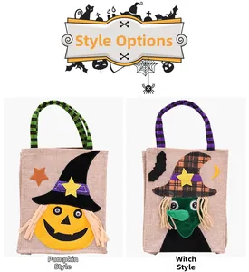 Detail of Halloween pumpkin and witch linen gift bags with felt appliques and striped handles