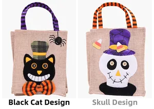 Detail of linen Halloween gift bags featuring black cat and skull designs with striped handles