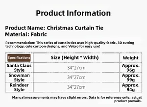 Tabla de tallas para hebillas de cortinas navideñas con modelos de Papá Noel, reno y nieve