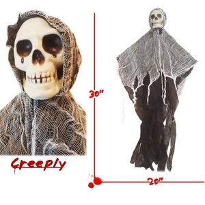 Halloween hanging ghost with 30-inch skull and black tattered fabric for party decor