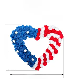 Detailed size chart of the heart-shaped USA flag rose wreath decoration in red white and blue