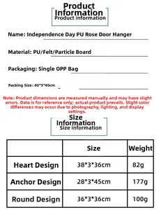 Size chart for Independence Day PU rose door hangings including heart and anchor designs