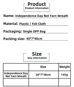 Size chart for Independence Day mesh wreath with dimensions 38x7x38cm and material details
