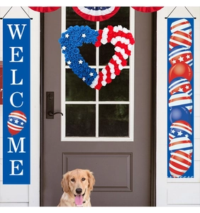 Patriotic heart-shaped red white and blue rose wreath with Welcome porch banners on front door