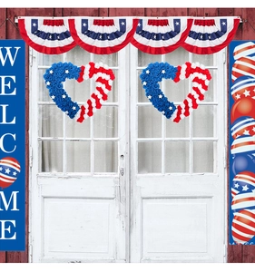 USA Independence Day porch set with Welcome banner and patriotic heart wreaths