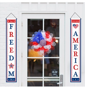 Patriotic July 4th front door decor with red white blue wreaths and freedom porch signs