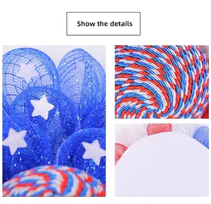 Detail view of red white blue mesh stars and braided rope for USA Independence Day wreath