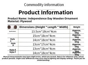 Size chart showing dimensions and weight for Independence Day wooden table decorations