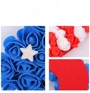 Detail of red white and blue foam roses with silver glitter stars for USA door wreath