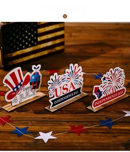 Close-up of 4th of July wooden tiered tray decor with Independence Day patterns