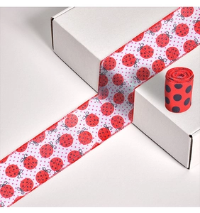 Grosgrain ribbon detail with ladybug and pink polka dot prints on white fabric
