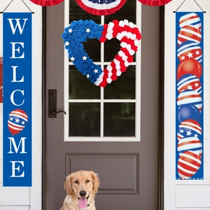 Patriotic door decor set with heart-shaped flower wreath and Welcome banners