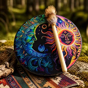 Detail view of a Bohemian shaman drum weighing 212g on a scale with a wooden mallet