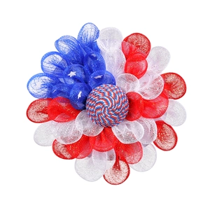 Patriotic 4th of July wreath with red white and blue mesh and stars for door decoration