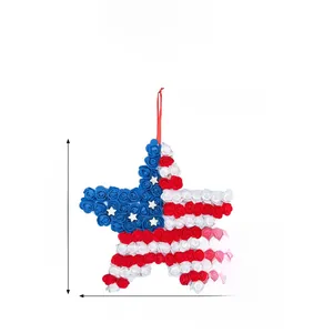 Detail view of American flag themed patriotic star wreath with dimensions 35cm x 35cm x 3cm