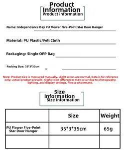 Size chart and specifications for Independence Day star wreath showing 35x3x35cm dimensions