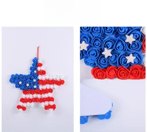 Detail of star-shaped Independence Day wreath featuring red white and blue foam roses