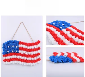 Macro detail of the US flag wall hanging made of red white and blue decorative roses