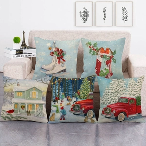 Christmas Cushion Cover Linen Look Throw Pillow Case Xmas Decorative Square Pillowcase For Sofa Living Room Holiday Home Decoration