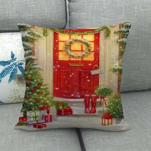 Detailed Christmas linen pillowcase showing a digital print of a red door and snow scene