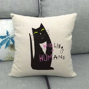 Linen sofa cushion cover with cute black cat illustration and Watching Humans text