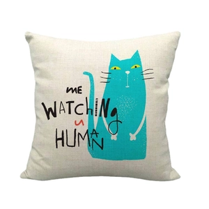 Linen square throw pillow cover with hand-drawn blue cat and funny text illustration