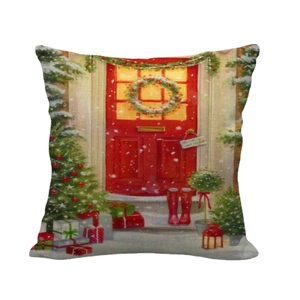 Square Christmas linen cushion cover featuring festive red door and merry tree designs