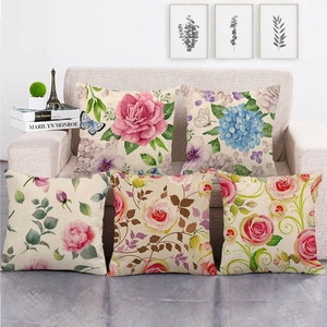 Vintage Floral Rose Print Linen Cushion Cover Pastoral Decorative Pillow Case For Sofa Home Living Room Square
