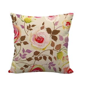 Linen square pillow cover with retro rose floral pattern and textured fabric surface