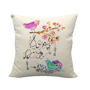 Linen pillowcase with watercolor birds and flowers and Save the Date printed text