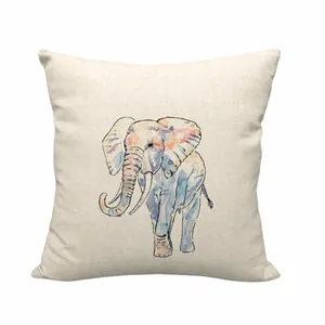 Fodera per cuscino in lino con stampa artistica di elefante ad acquerello moderna