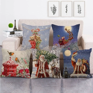 Christmas Linen Throw Pillow Case Santa Claus Reindeer Snow Scene Decorative Cushion Cover For Home Sofa Decor Square