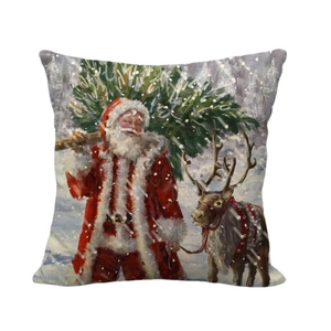 Linen Christmas pillow cover with Santa Claus and reindeer in a snowy forest scene