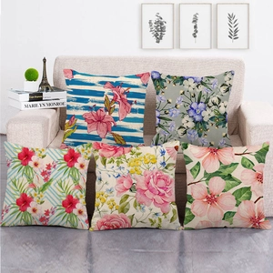 Vintage Linen Pillow Cover Flower Bird Botanical Print Square Decorative Cushion Case For Sofa Home Living Room Office Decor