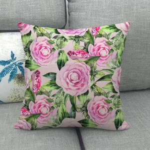 Linen sofa cushion cover with floral pink roses and digital printing for home decor