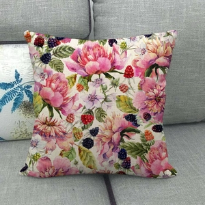 Close-up of linen pillowcase featuring watercolor floral peony and berry print details