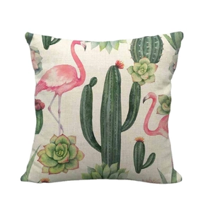 Housse de coussin carrée en lin avec motifs d'aquarelle de cactus et flamants roses