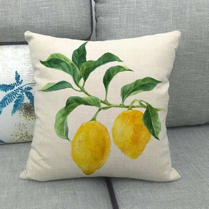 Linen sofa pillow cover with yellow lemon fruit pattern and natural woven texture