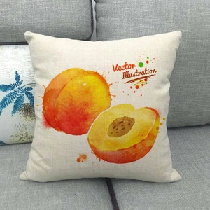 Linen sofa cushion cover featuring watercolor peach fruit illustration on beige fabric