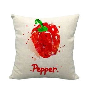 Square linen pillowcase featuring a red chili pepper watercolor illustration with Pepper text