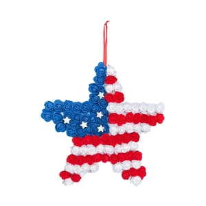 Patriotic USA flag star wreath with red blue and white foam roses for front door decor