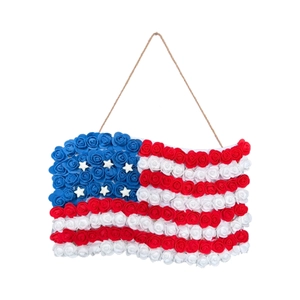 Patriotic USA flag floral wreath with rose petals and hanging rope for front door decor