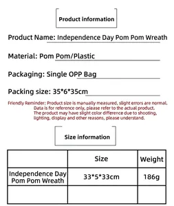 Maattabel voor Independence Day pompon krans met 33x33 cm afmetingen en gewichtsinformatie