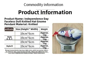 Size specifications for Independence Day knitted gnome pendants with weight measurements